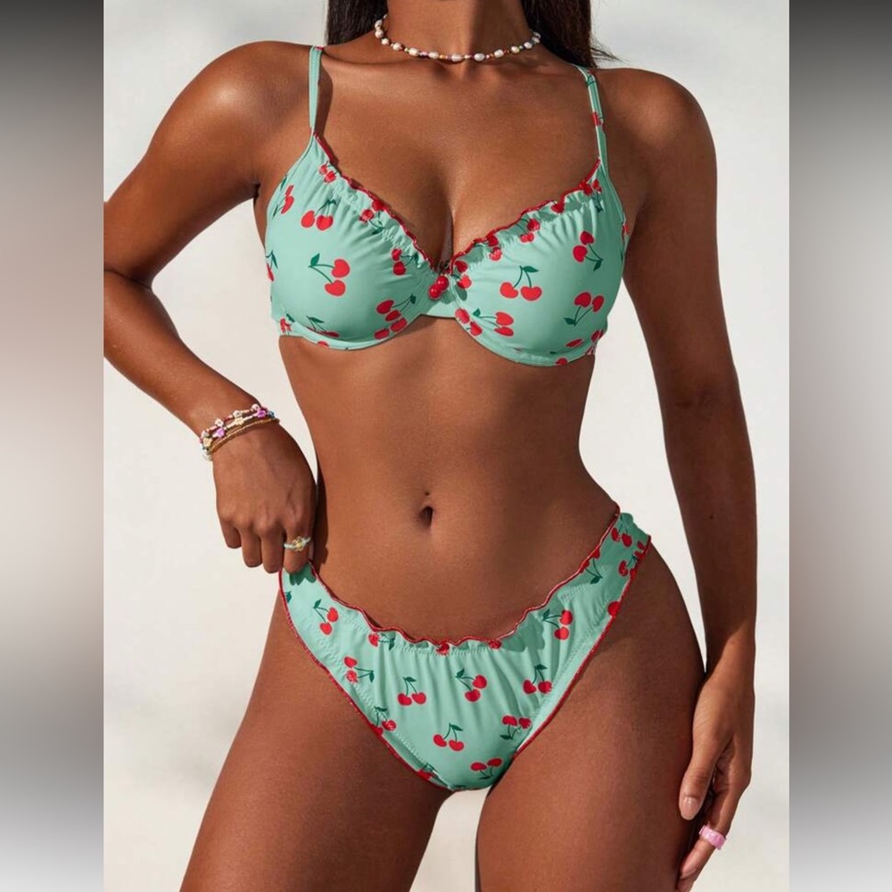 Cherry Print Green Bikini Set